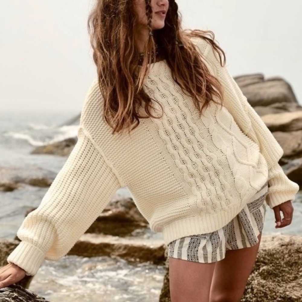 Free People Dream Cable Crew Sweater Cream Chunky Knit Slouchy Boho-Small